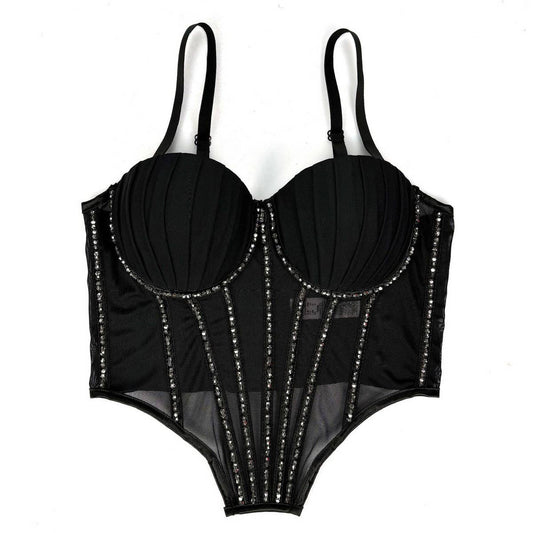 SEXY MESH RHINESTONE HERRINGBONE BRA