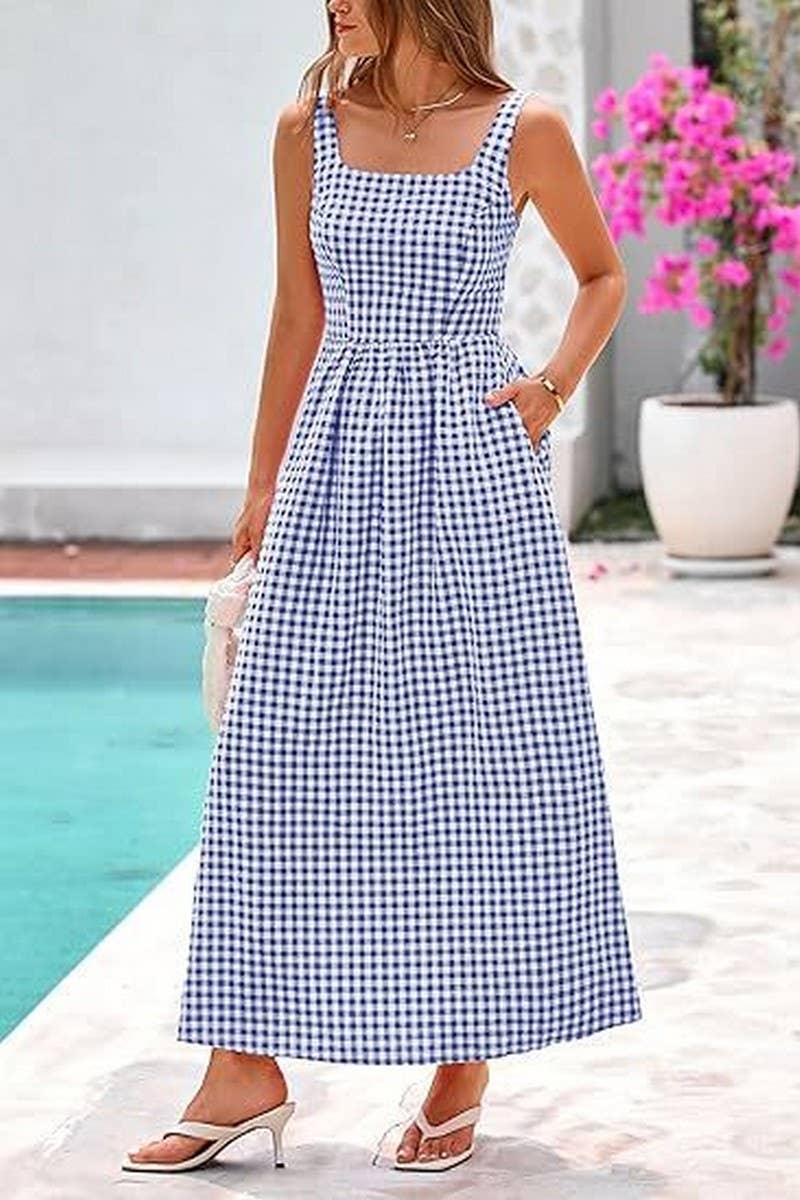 CWDHL1084_SPAGHETTI STRAP SQUARE NECK PLAID SHIRRED DRESS