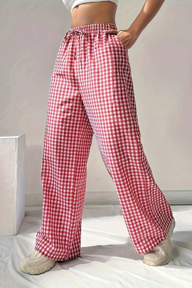 CWBLP1138_LOOSE PINK PLAID LACE-UP CASUAL WIDE-LEG PANTS