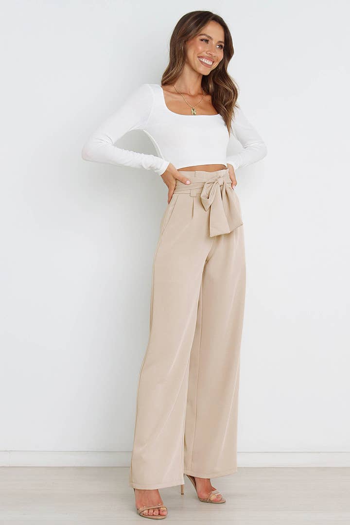 WOMEN TIED WAIST WIDE LEG OFFICE WORK PANTS