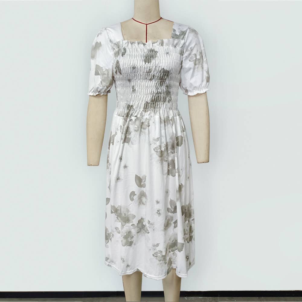 PRINTED DRESS WITH SQUARE COLLAR PUFFED SLEEVES