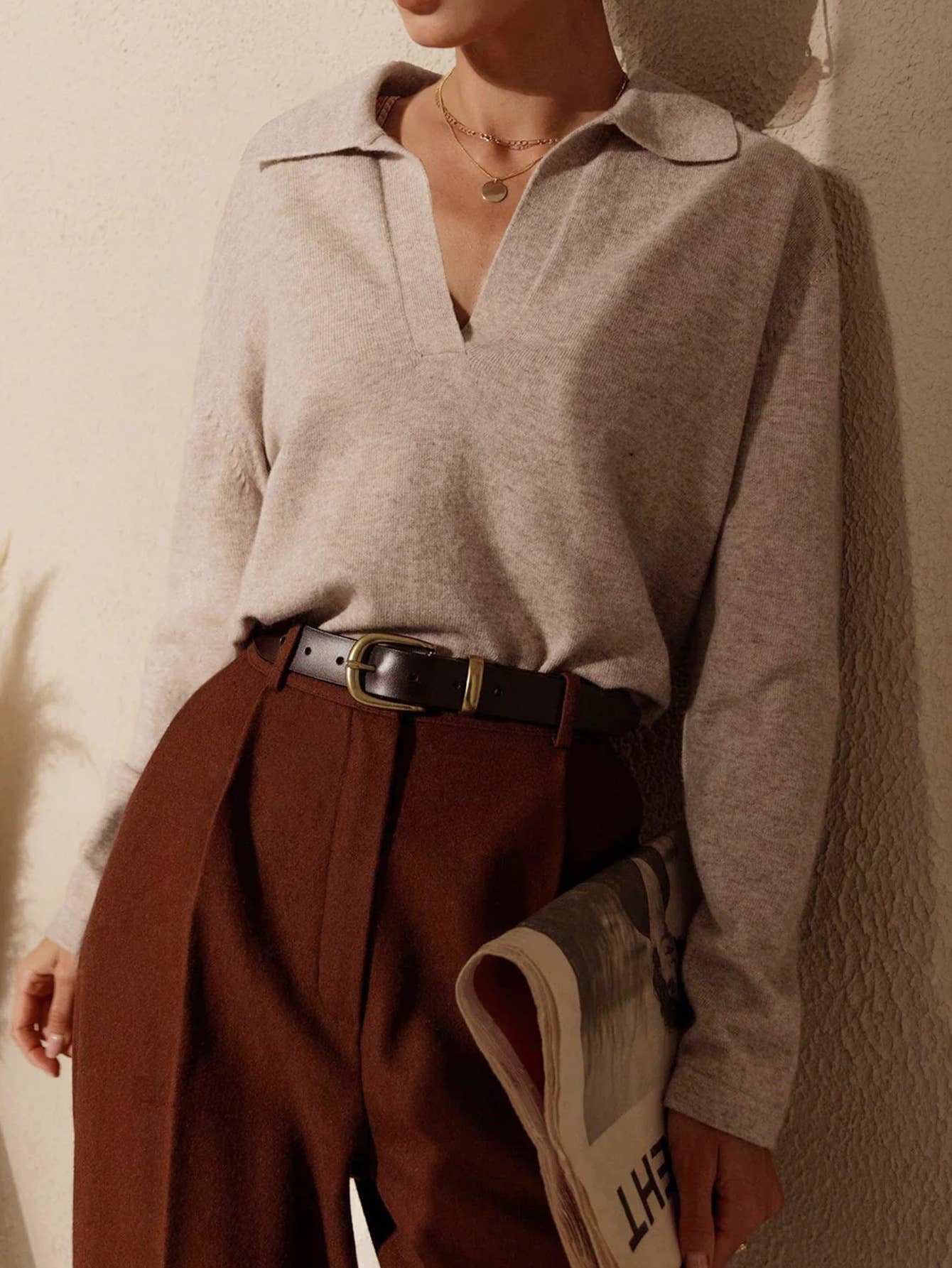 SOLID COLOR LOOSE WARM POLO SWEATER WITH LAPELS