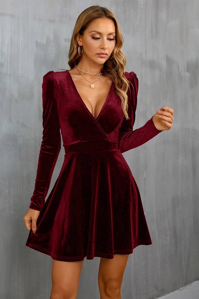 CWDSD6466_V-NECK LEG-OF-MUTTON SLEEVE A-LINE VELVET DRESS