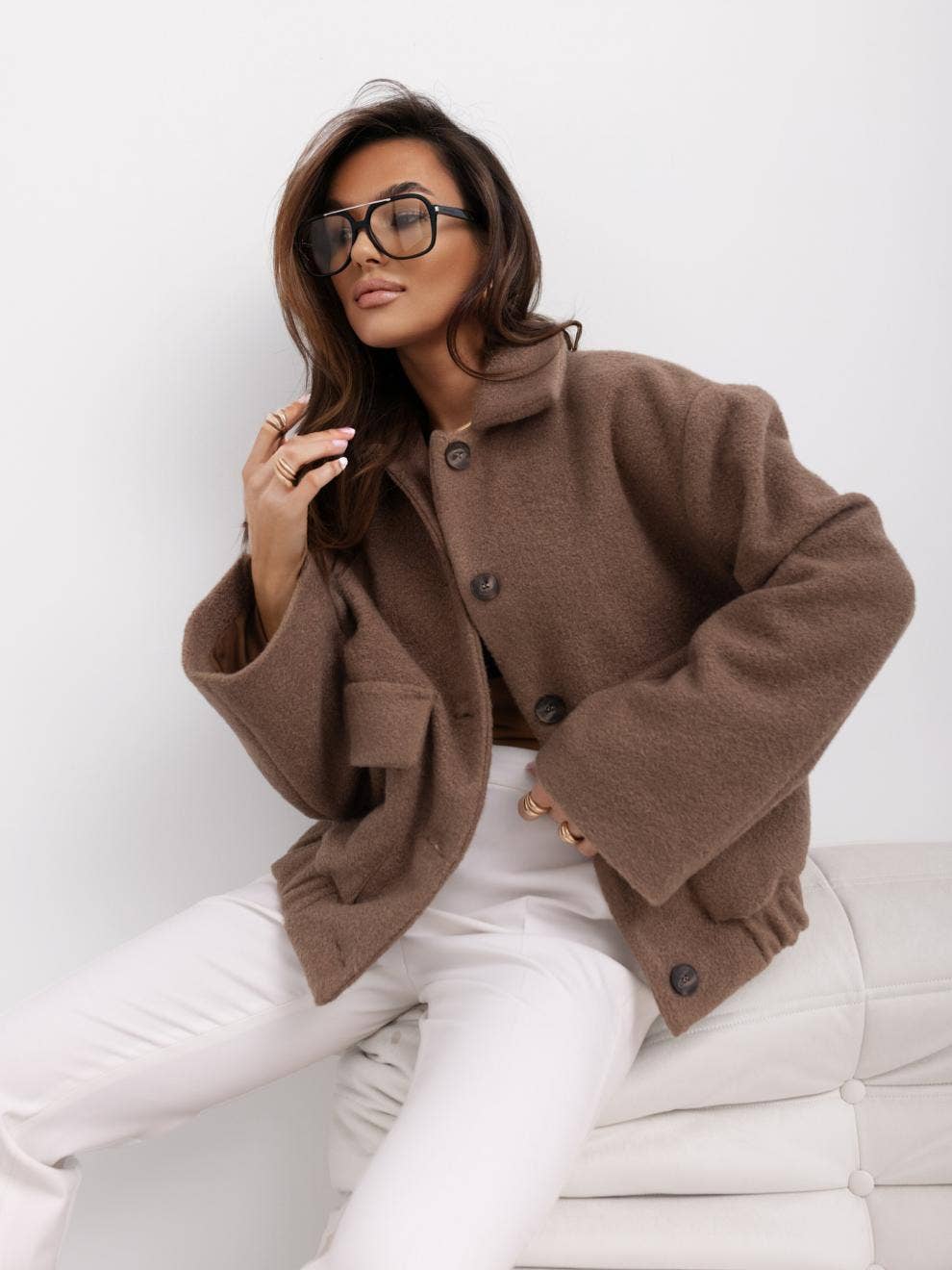 SIMPLE SOLID COLOR SINGLE BREASTED WOOLEN COAT