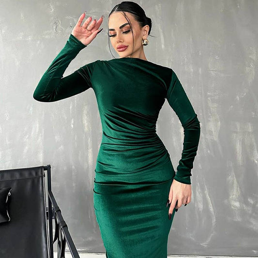 SOLID COLOR SLIM PLEATED LONG-SLEEVED DRESS
