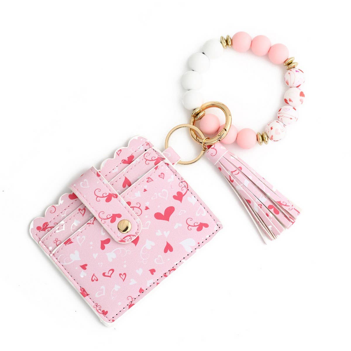 Heart PU Card Wallet with Beaded Keychain_CWAB4944