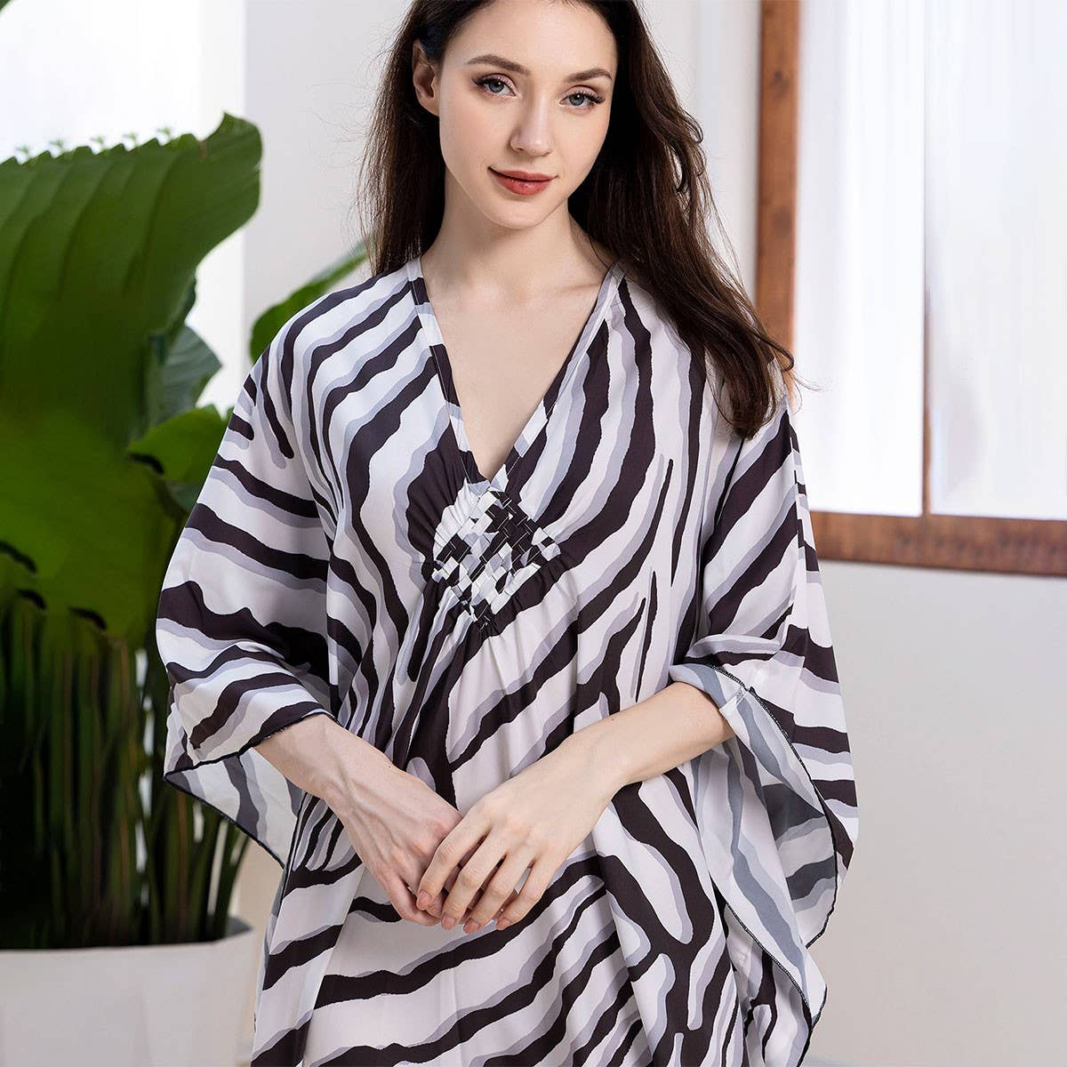 Zebra Knit Front Beach Cover-Up Maxi Dress_CWMM6206