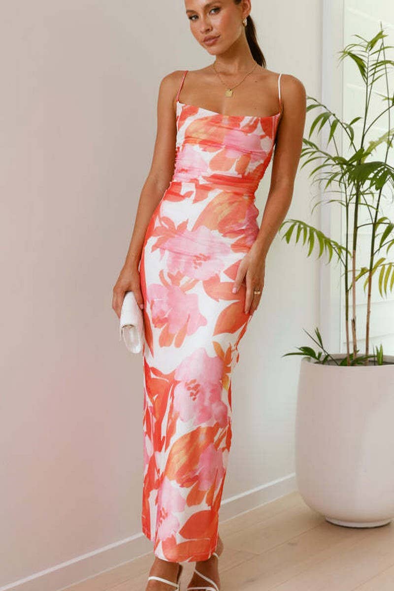 CWDMD5513_FLORAL SLEEVELESS SPAGHETTI STRAP BODYCON DRESS