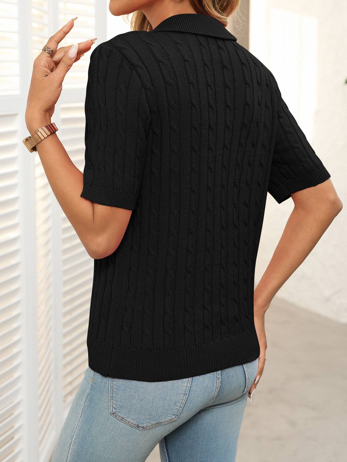 Short-sleeved lapel V-neck knitted sweater