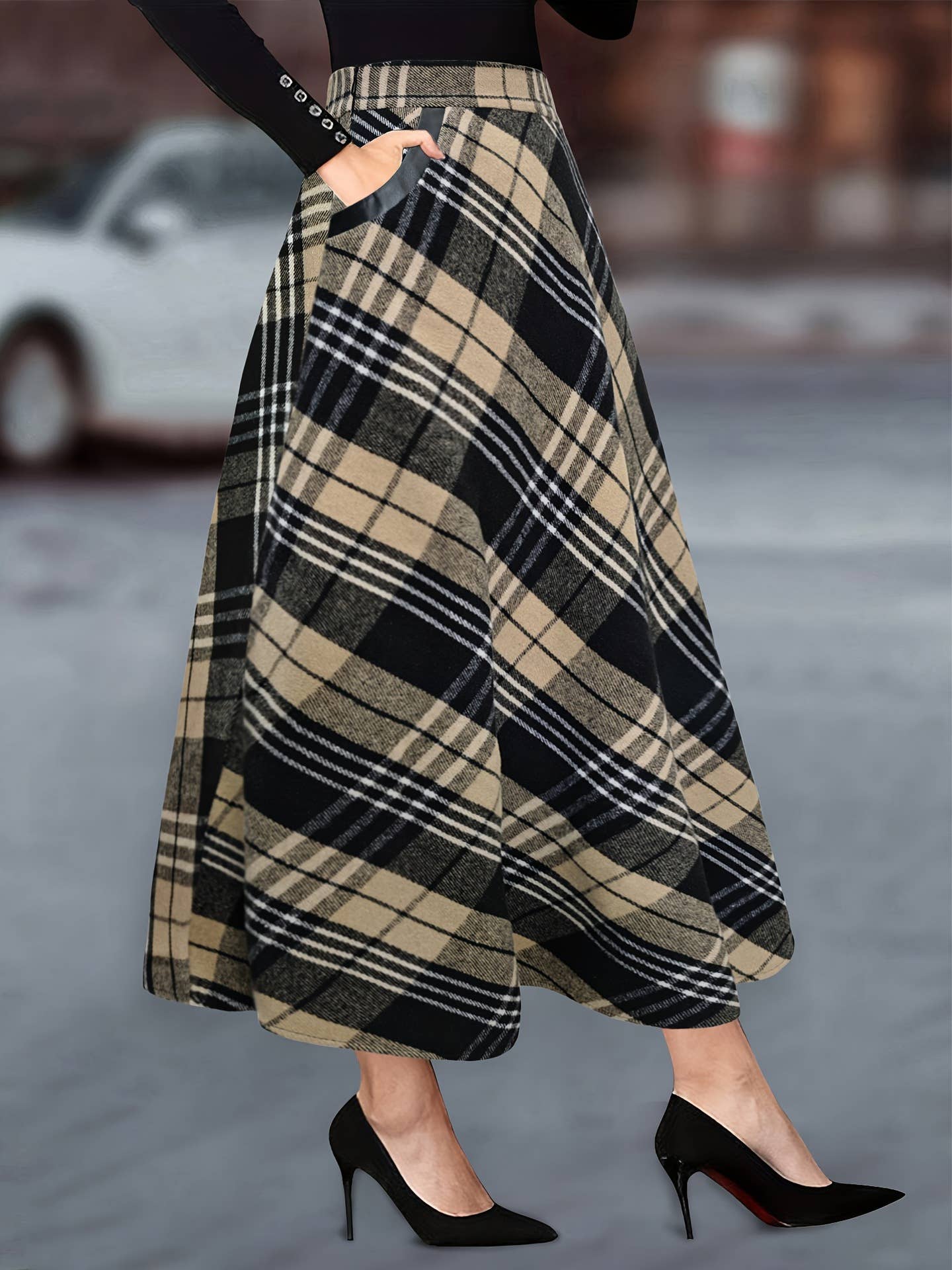 Plaid woolen cloth large pockets long skirts