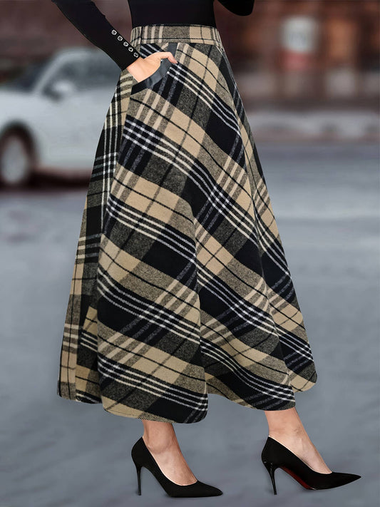 Plaid woolen cloth large pockets long skirts