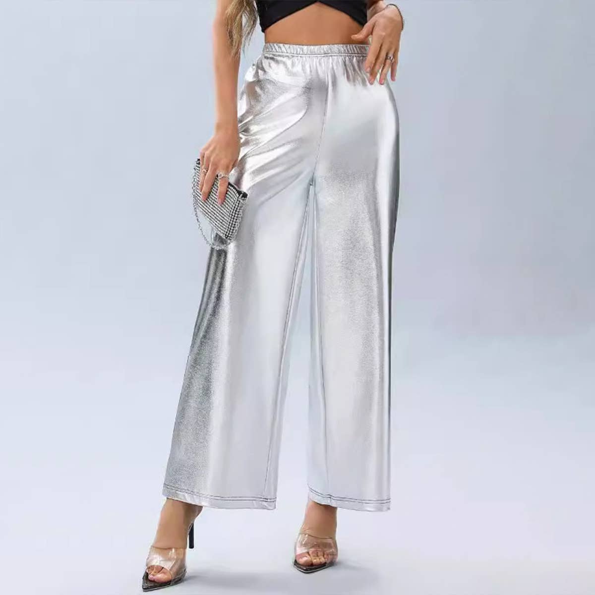 PRESSED SILVER LOOSE HIGH-WAISTED CASUAL PANTS