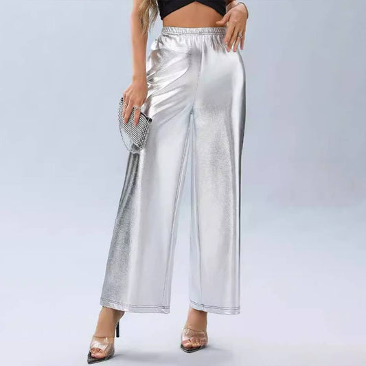 PRESSED SILVER LOOSE HIGH-WAISTED CASUAL PANTS