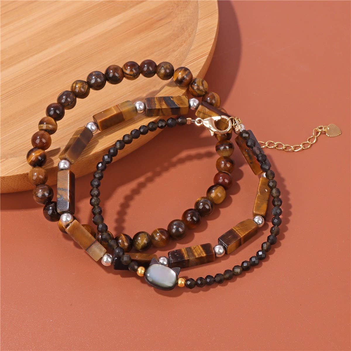 CWAJE4229_STONE BEADS SHELL CAT HEAD THREE-PIECE BRACELET