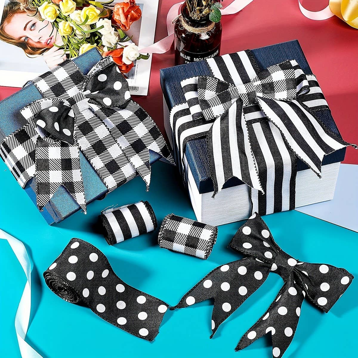 CWMM10210_HALLOWEEN BLACK WHITE PLAID RIBBON 5 YARDS DECOR