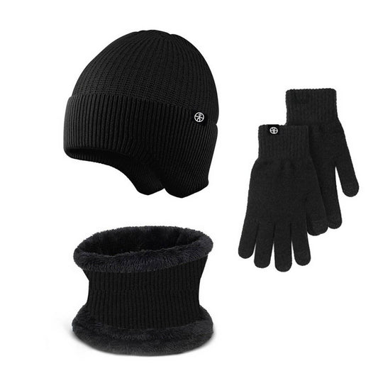 WINTER OUTDOOR FLEECE KNITTED HAT THREE PIECE SET