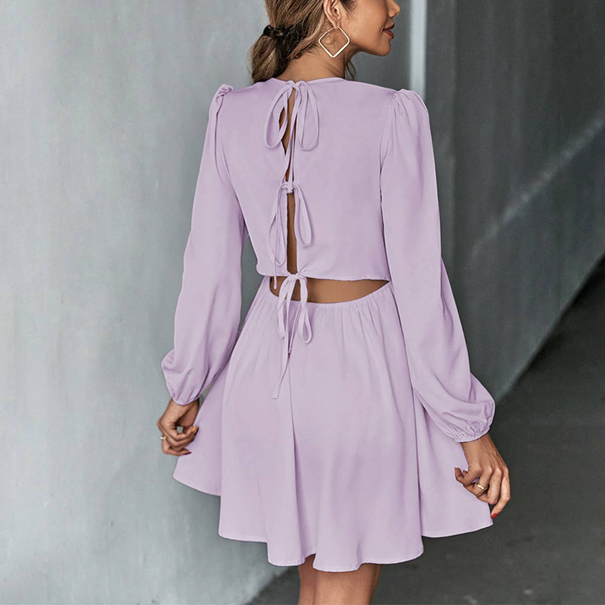 SWEET WAISTED A LINE HALTER LONG SLEEVE DRESS_CWDSD3251