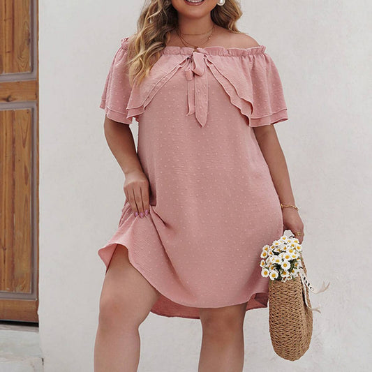 ONE WORD COLLAR CHIFFON PLUS-SIZE LOOSE MIDI DRESS_CWDSD3054