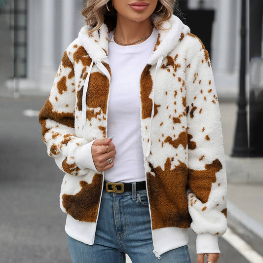 HOODED ZIPPER FLEECE PRINTED CARDIGAN COAT