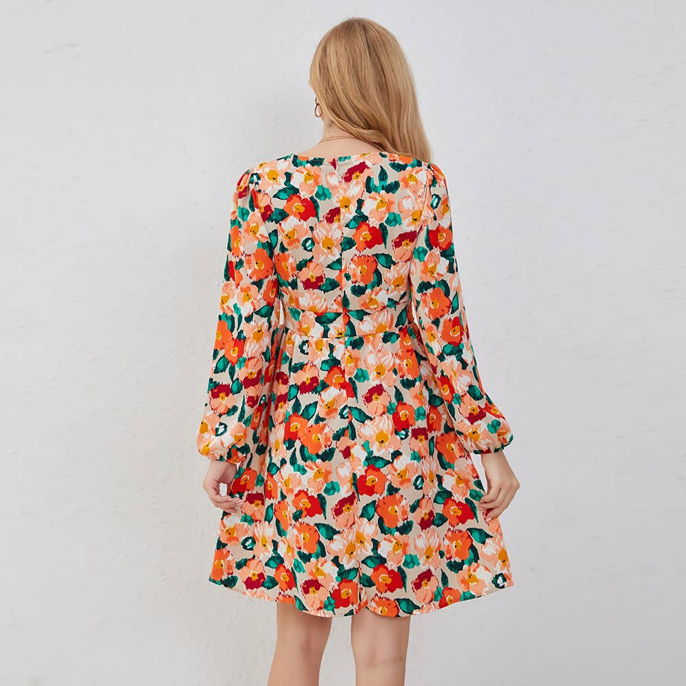 V Neck Floral Long Sleeve Dress with Waist Tie