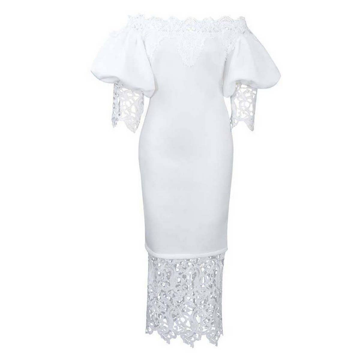 BOAT NECK LACE PATCHWORK LANTERN SLEEVE DRESS_CWDMD3683