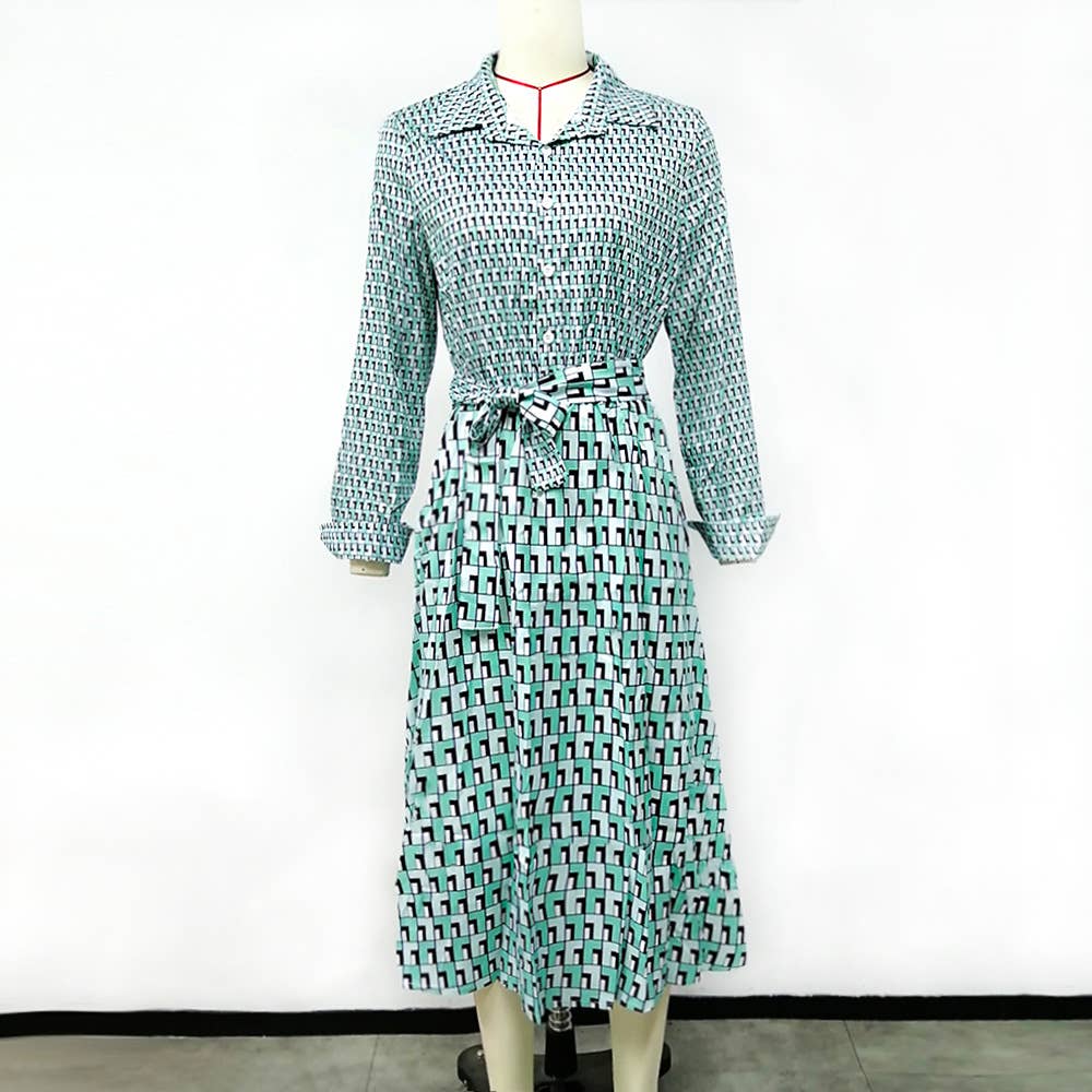 PLAID PATCHWORK LACE-UP LONG-SLEEVED DRESS