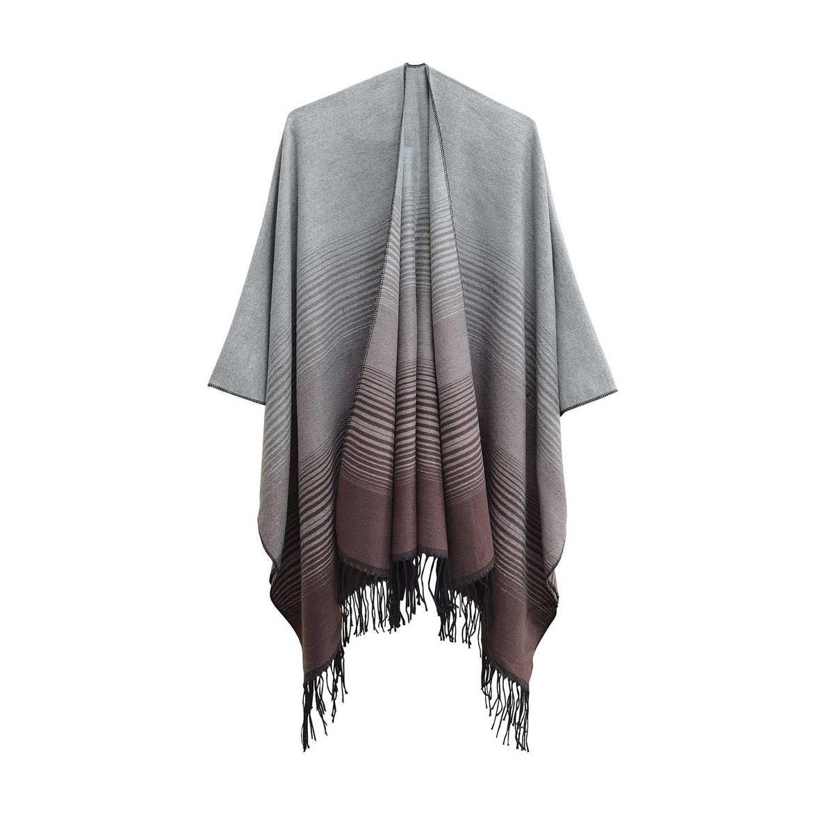 GRADIENT FINE LINES TASSELS WARM SHAWL CLOAK