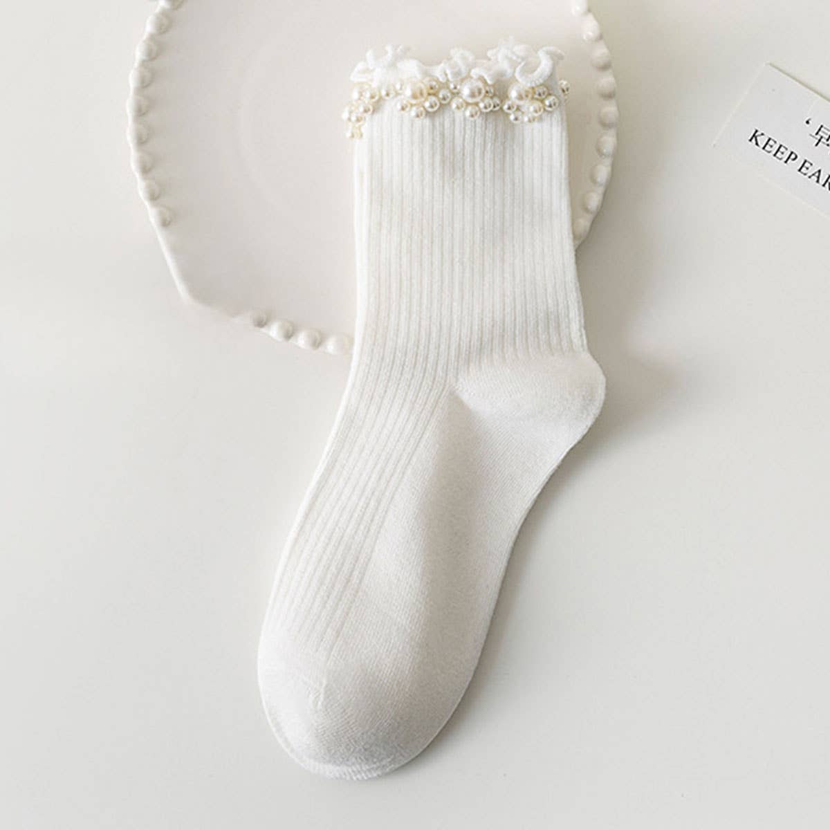 PEARL ORNAMENT COTTON CREW SOCKS_CWMS0283