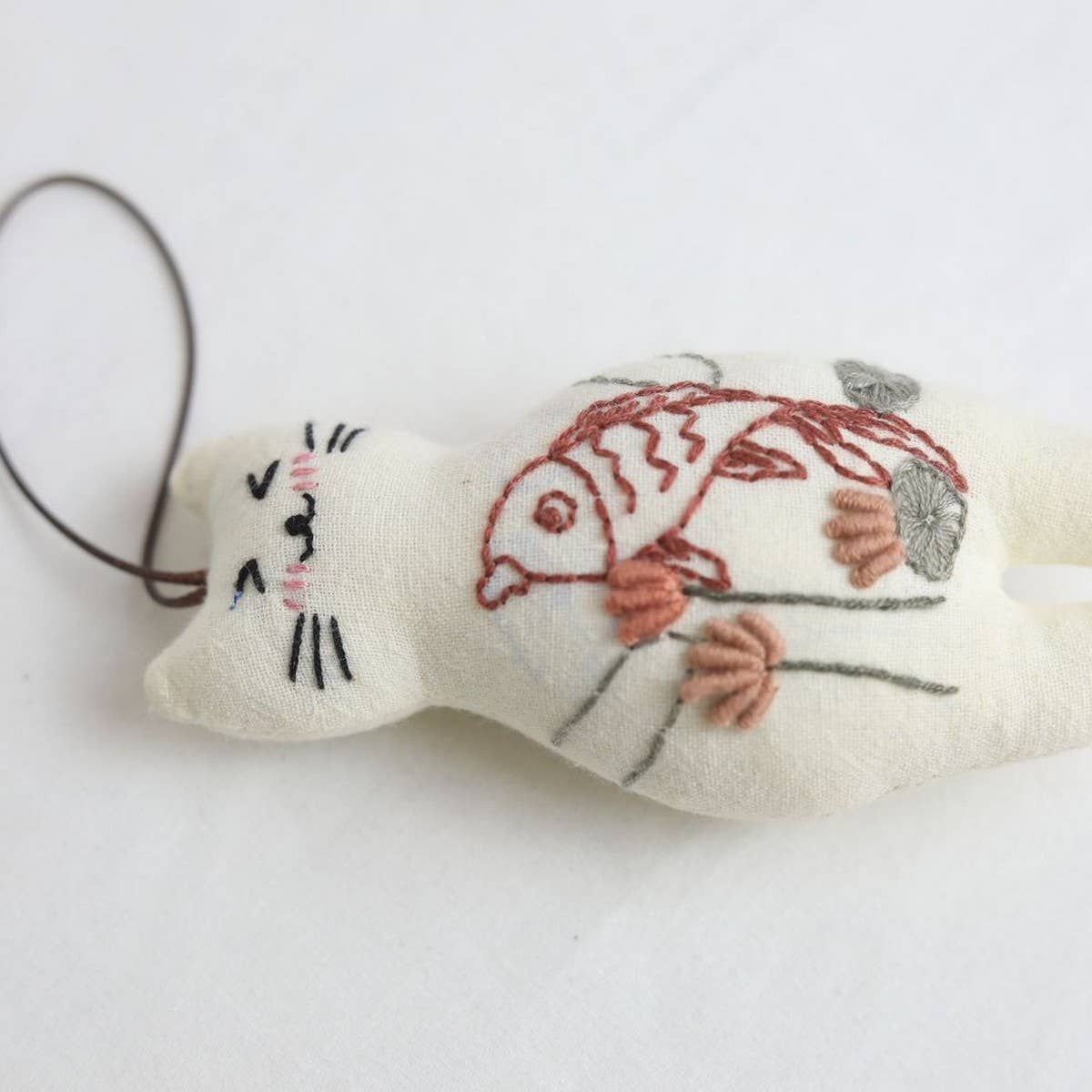 Hand-Embroidered Lotus Fish Cat Plush Charm