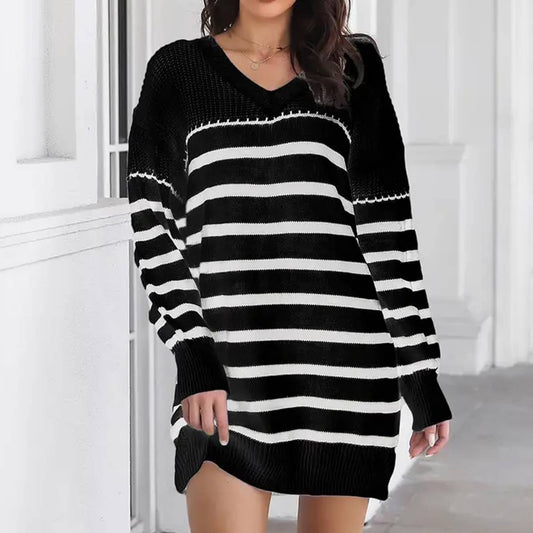 STRIPED V-NECK LONG-SLEEVED SWEATER DRESS
