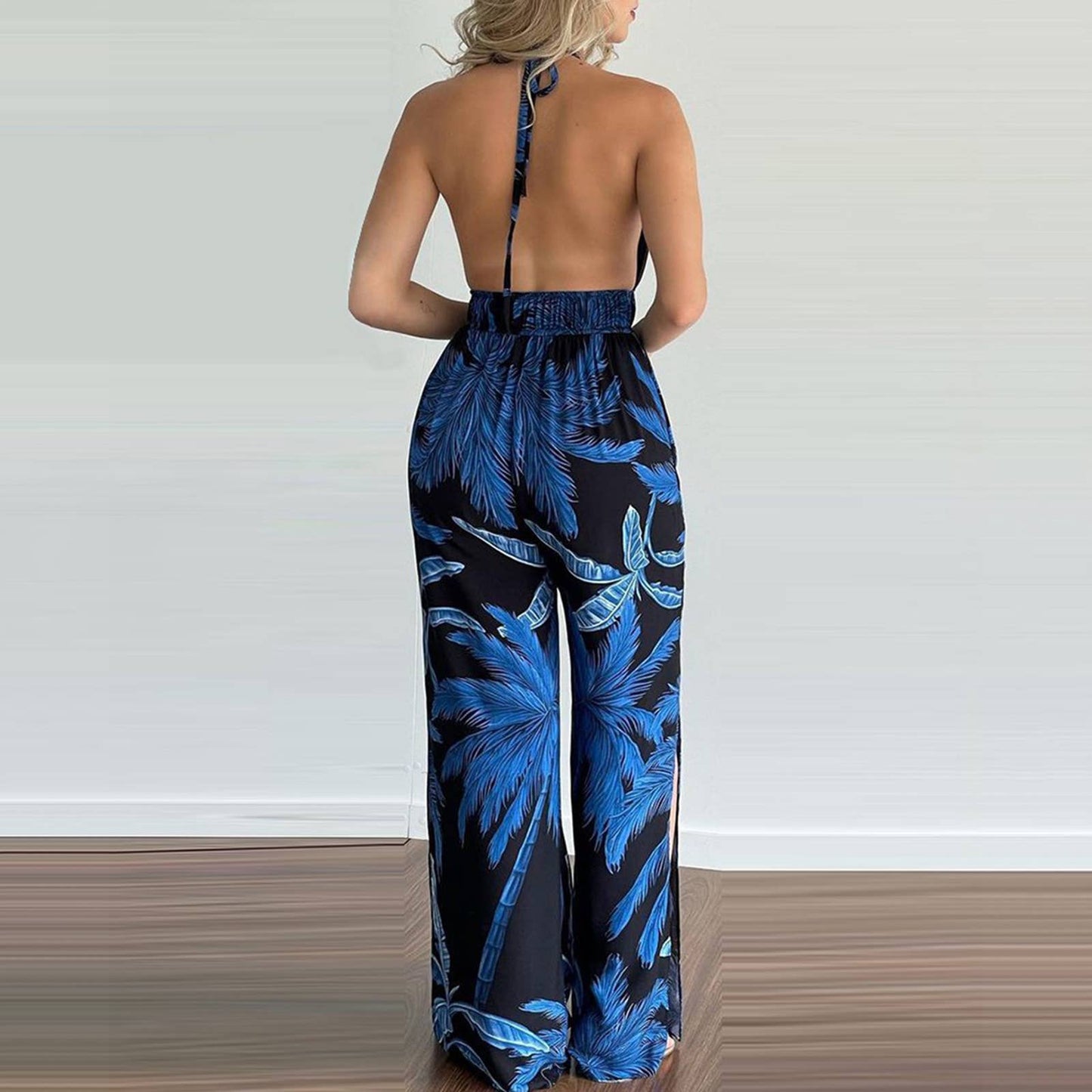 Printed colorful loose cinched-waist jumpsuit