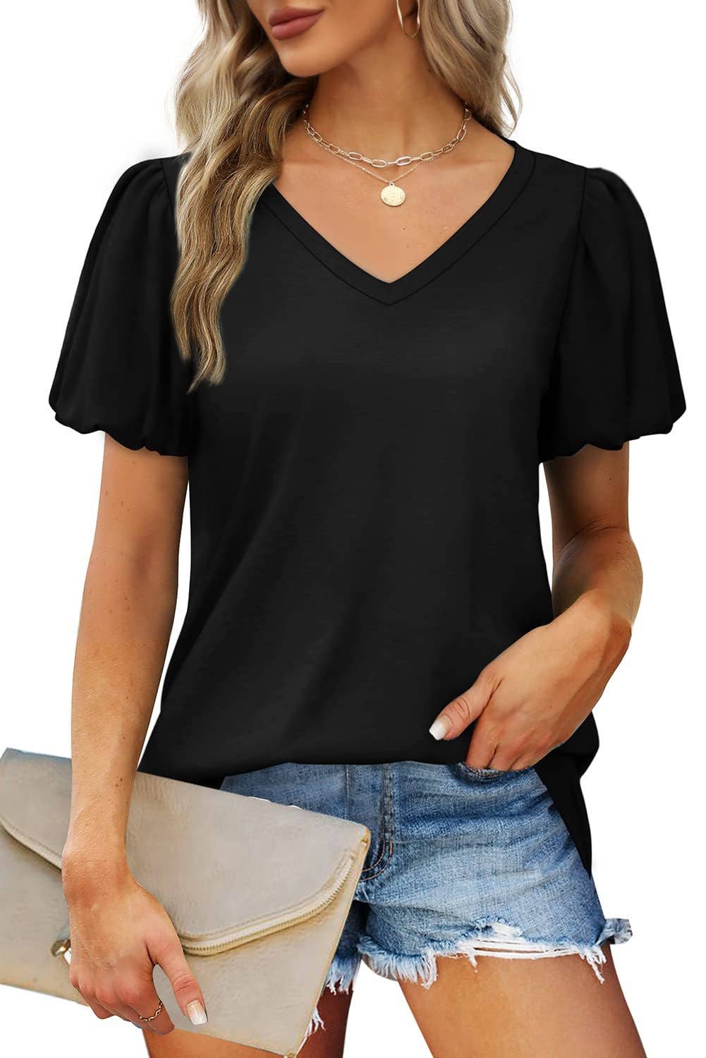 V-NECK LANTERN SLEEVE SOLID SHORT-SLEEVED TOP