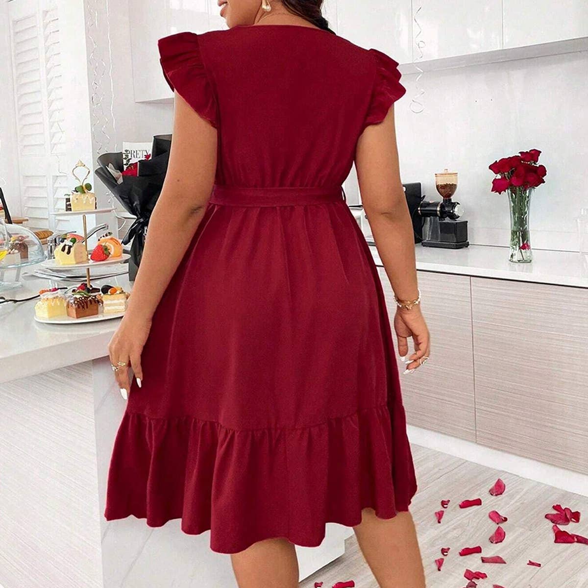 V-Neck Solid Color Tie Waist Ruffle Sleeve Dress