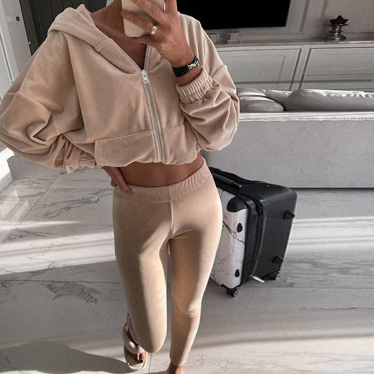 SOLID COLOR LOOSE HOODIE FLEECE SWEATPANTS SUIT