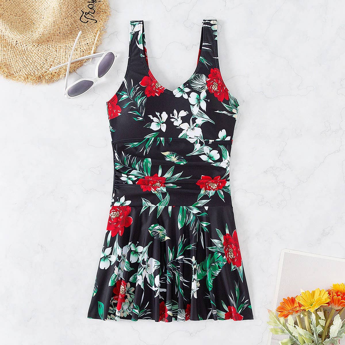 WOMEN'S PRINTED SUSPENDER SKIRT ONE-PIECE SWIMSUIT