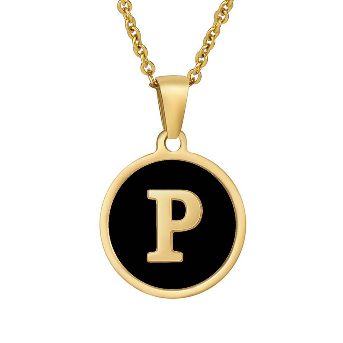 CWAJE1935_Round Stainless Steel Black Shell Letter Necklace