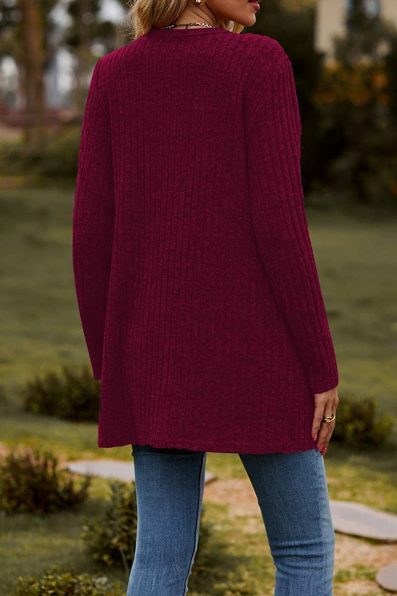 CWOCAL2286_BUTTON-UP BRUSHED RIBBED LONG SLEEVE CARDIGAN