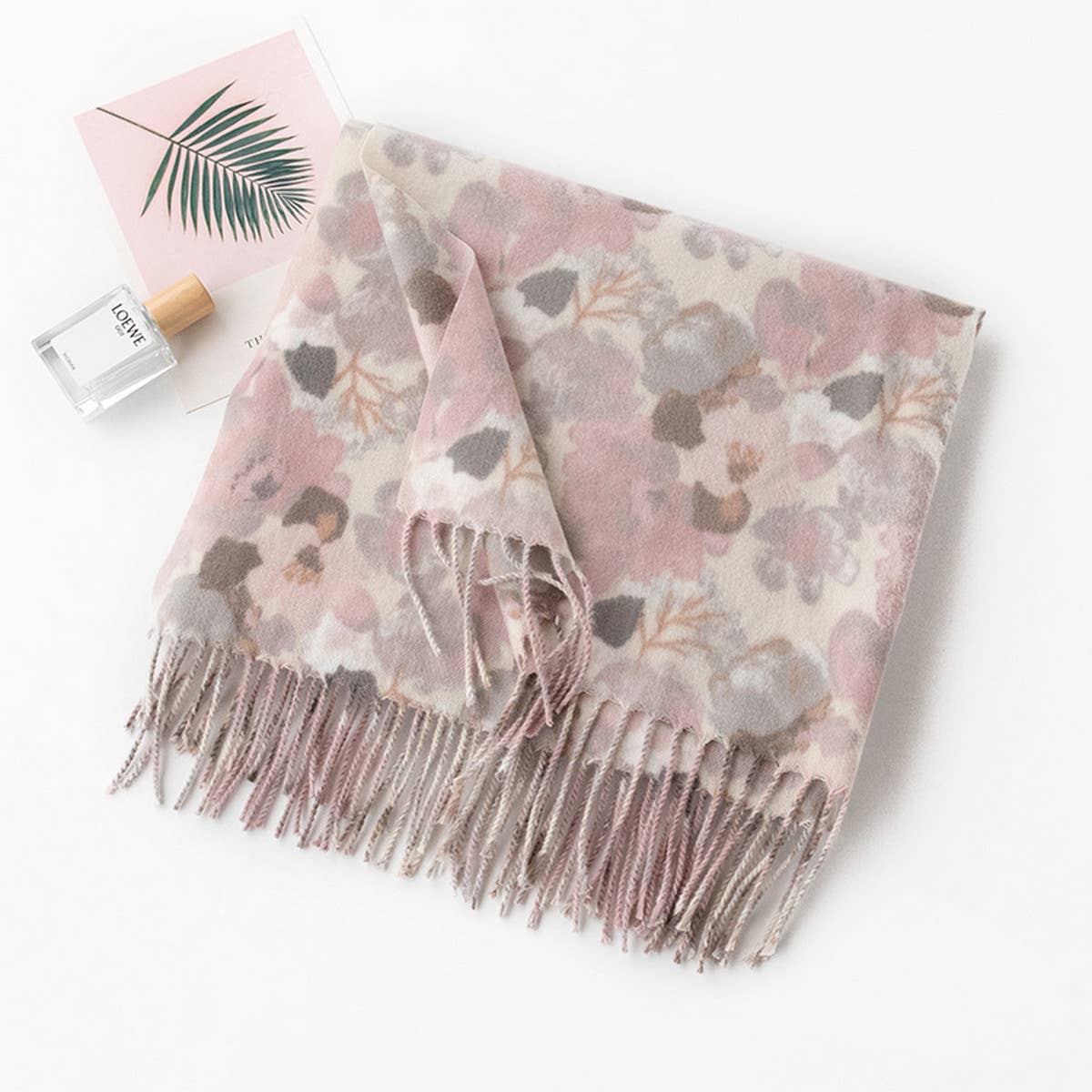 Floral Faux Cashmere Scarf??Soft Warm Tassel Shawl