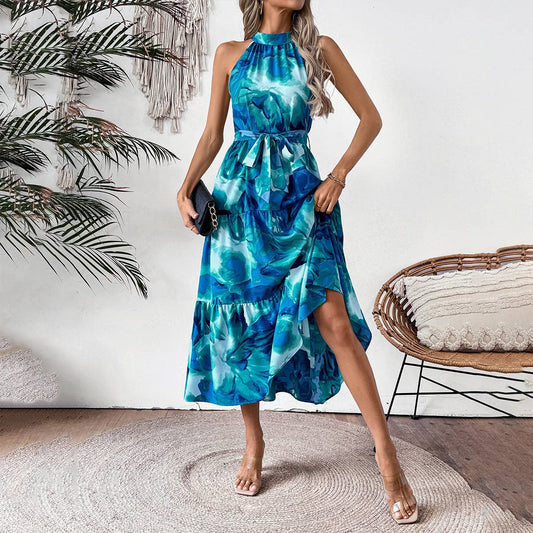 Fashion elegant printed halter sleeveless dress