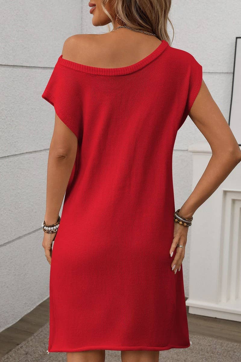 CWDSD7264_SOLID COLOR OFF-SHOULDER PULLOVER KNITTED DRESS