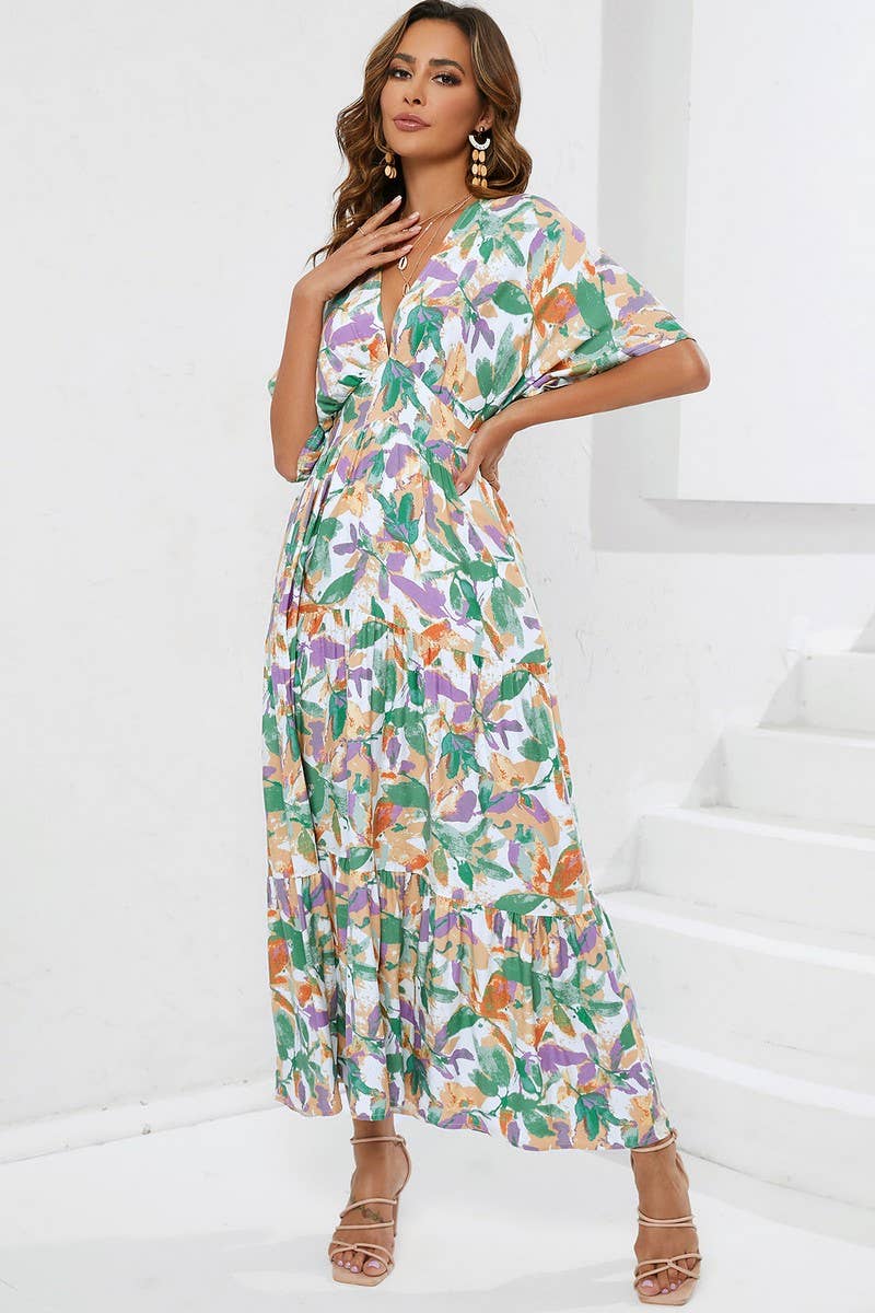 CWDMD4120_BATWING SLEEVE V-NECK PRINTED BEACH DRESS