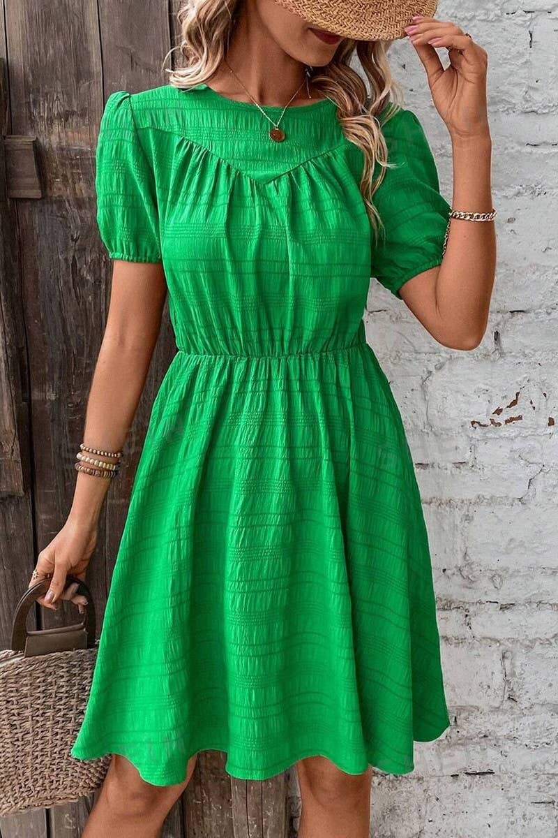 CWDSD10538_SUMMER SOLID COLOR SLIM ELASTIC WAIST DRESS