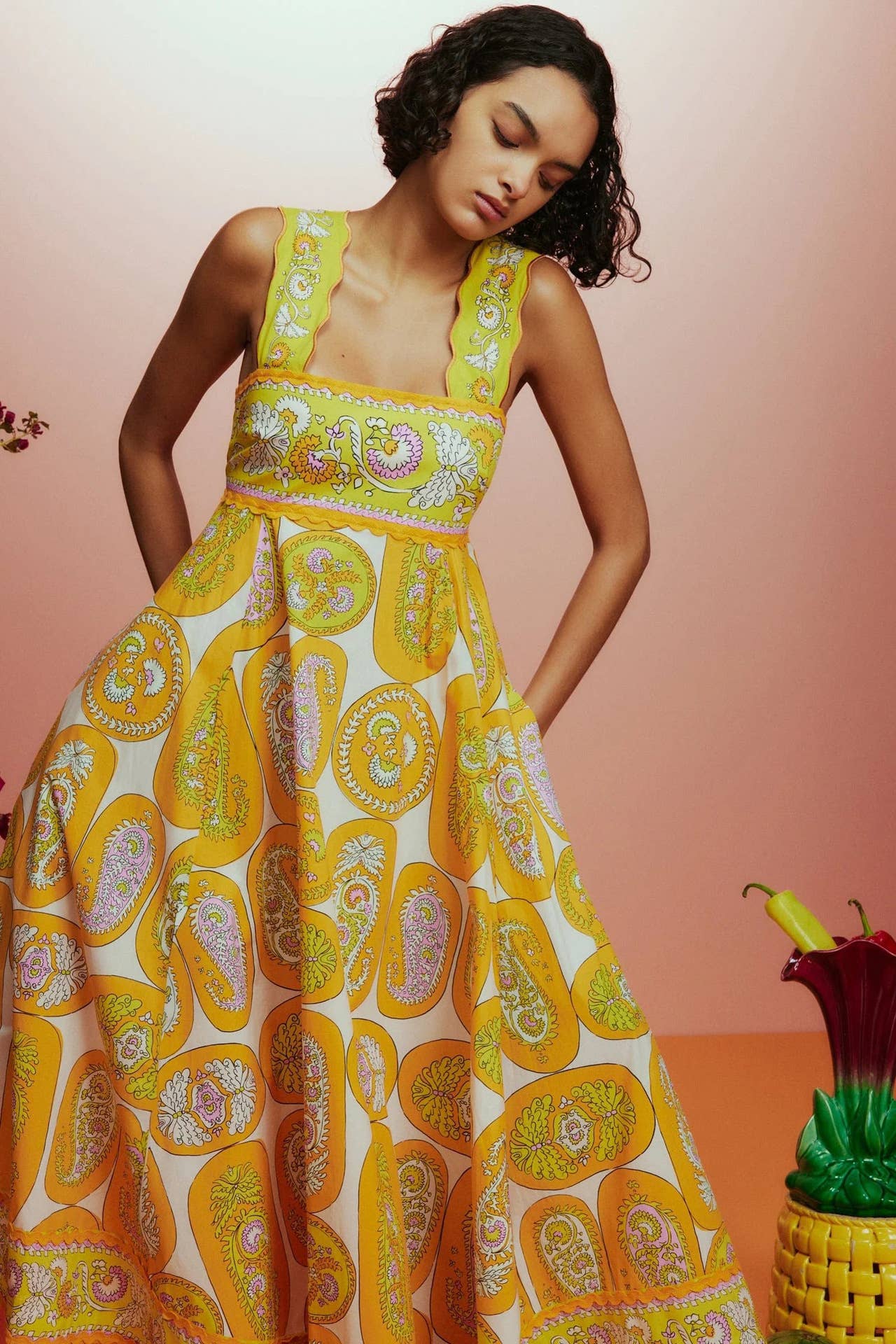 Large hem printed high-waisted halter dress