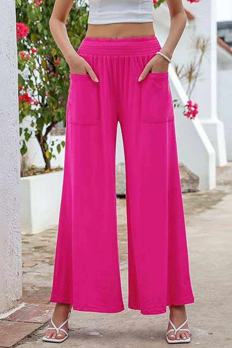 CWBLP1862_SOLID COLOR ELASTIC WAIST LOOSE CASUAL TROUSERS