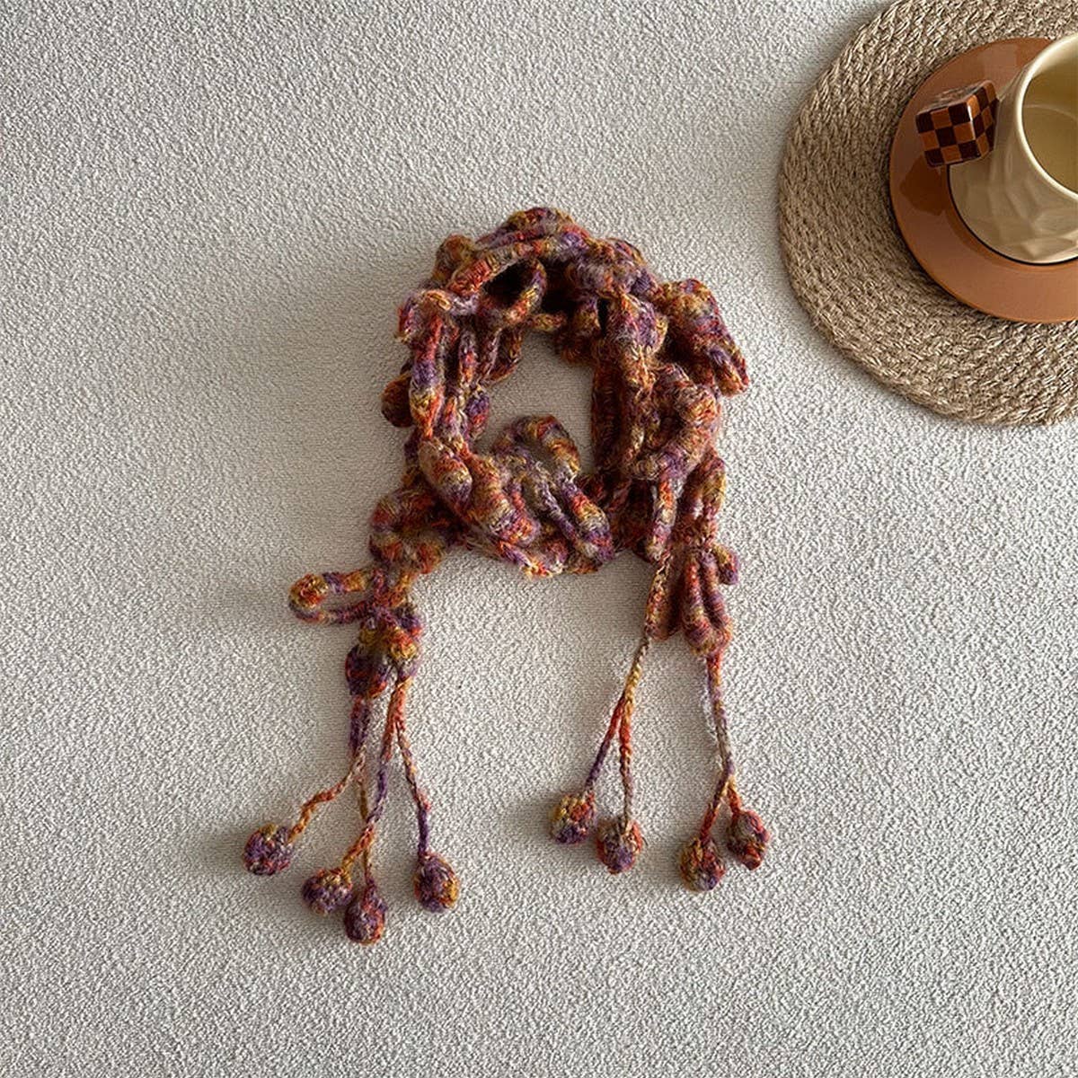 Floral Knit Skinny Scarf - Crochet Neck Wrap