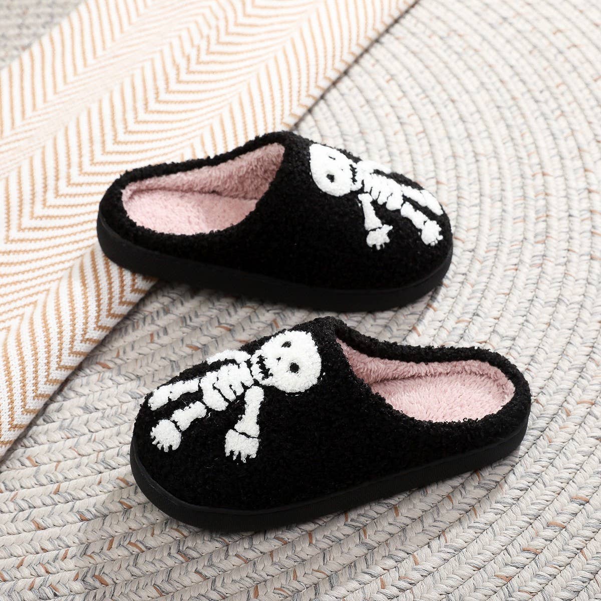 HALLOWEEN SKULL EMBROIDERED COTTON SLIPPERS