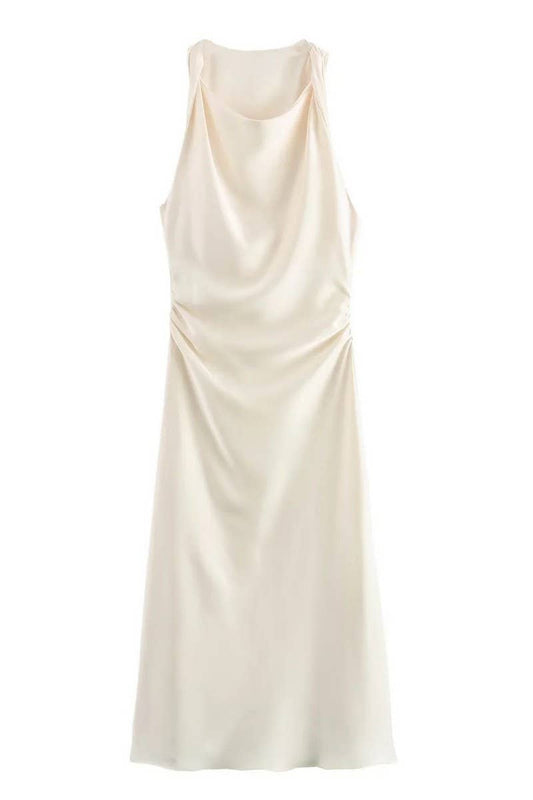 CWDMD4173_ROUND NECK SLEEVELESS BLACK SATIN DRESS