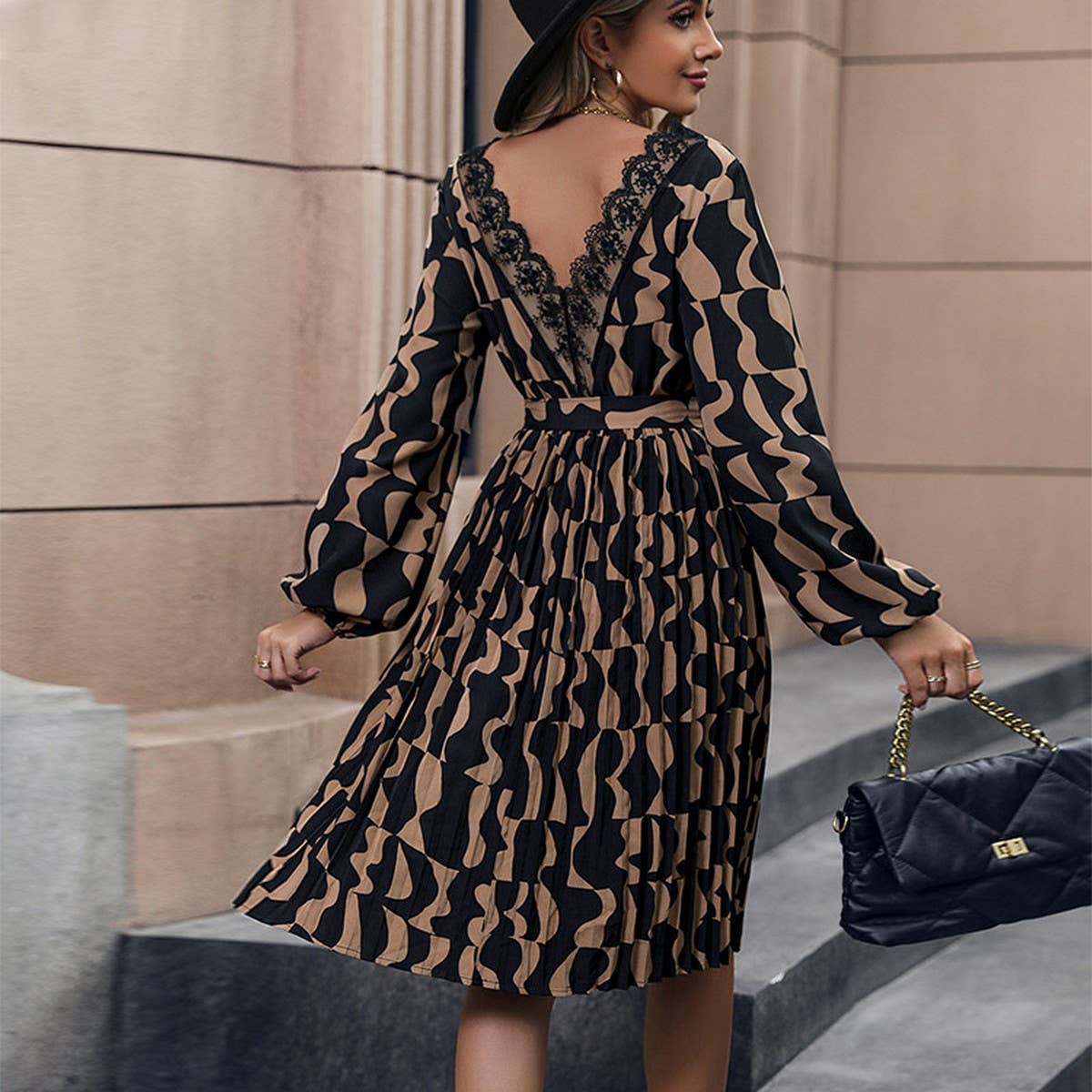 V-neck long sleeve geometric print dress