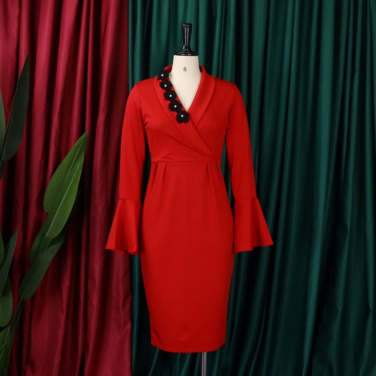 V-NECK ELEGANT TRUMPET SLEEVE SLIT HIP DRESS