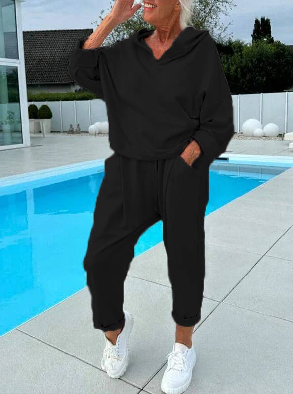 Two-piece solid-color hooded sweatshirt set